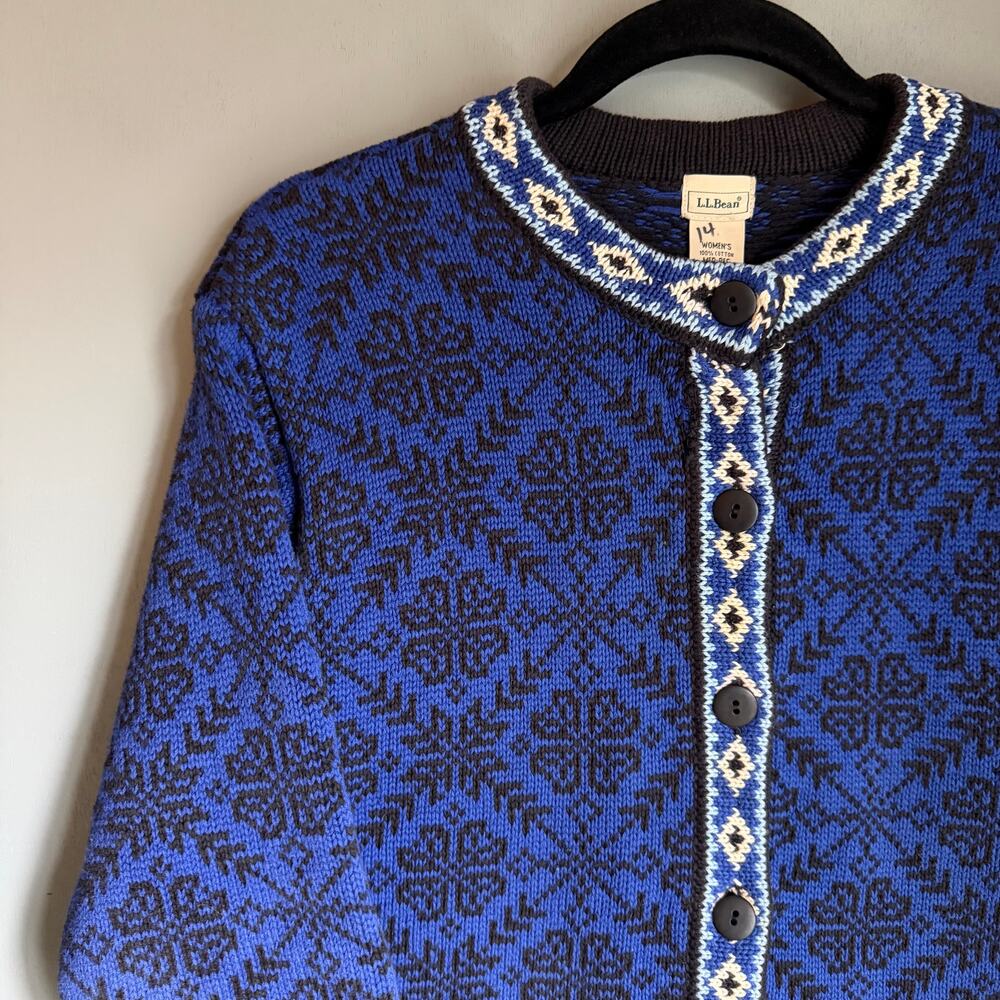 Vintage L.L. BEAN Women's Med Cotton Knit Fair Isle Blue Button Up Sweater Retro - Picture 2 of 11